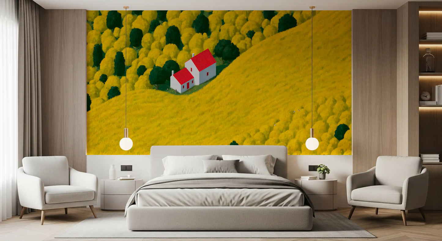 Fresque murale représentant un paysage rural ensoleillé avec un cottage