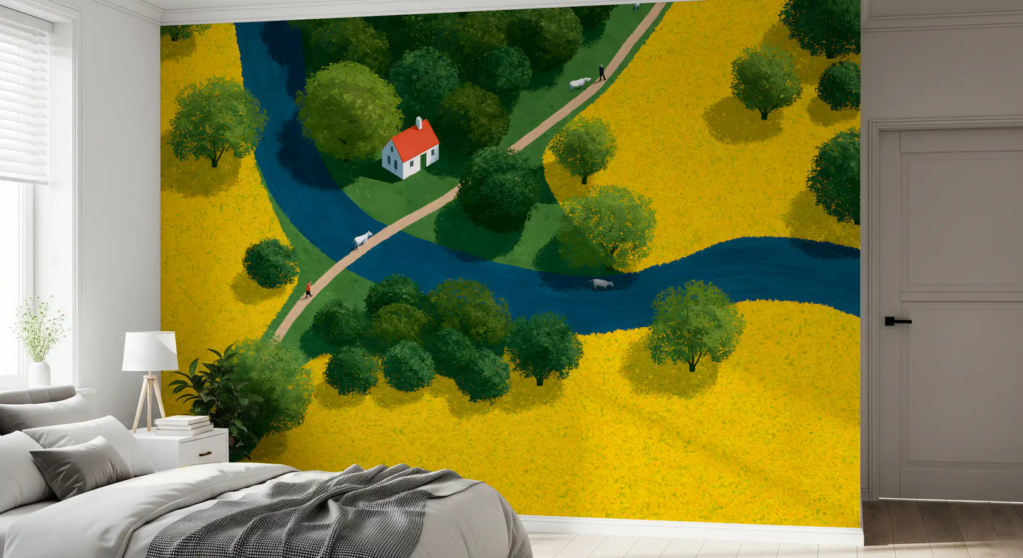 Fresque murale représentant une prairie champêtre en vue isométrique