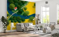 Fresque murale représentant une prairie champêtre en vue isométrique