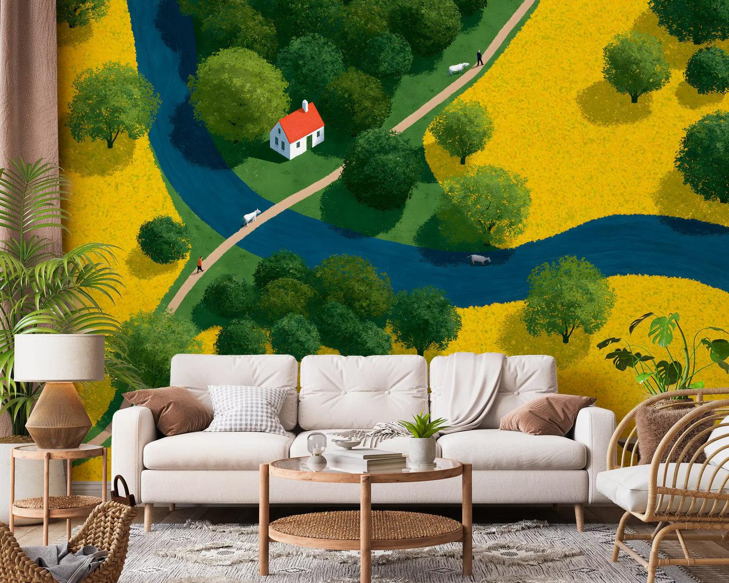 Fresque murale représentant une prairie champêtre en vue isométrique