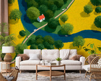 Fresque murale représentant une prairie champêtre en vue isométrique