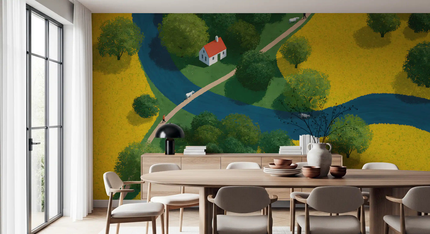 Fresque murale représentant une prairie champêtre en vue isométrique