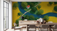 Fresque murale représentant une prairie champêtre en vue isométrique