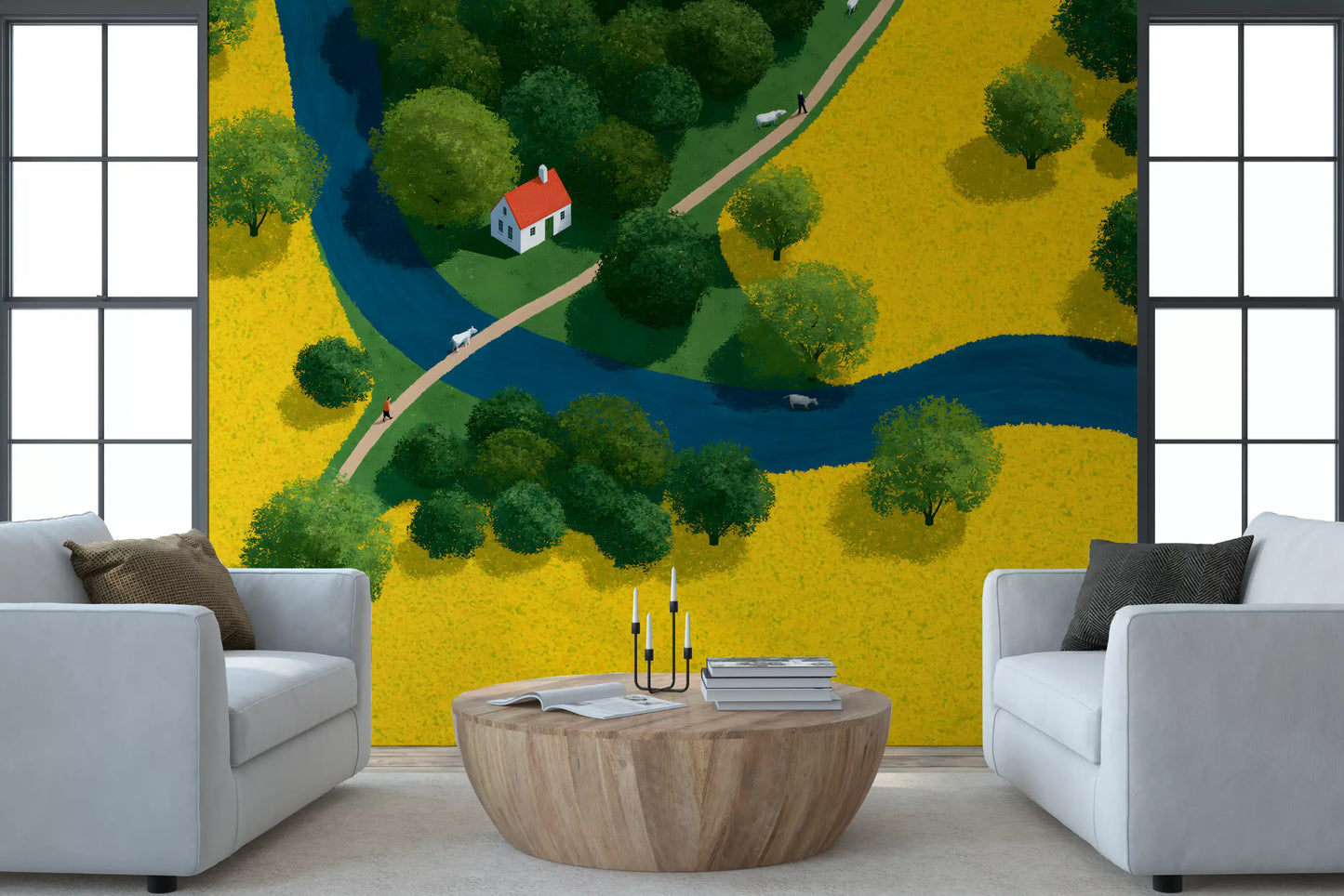 Fresque murale représentant une prairie champêtre en vue isométrique