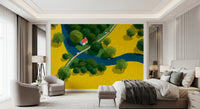 Fresque murale représentant une prairie champêtre en vue isométrique