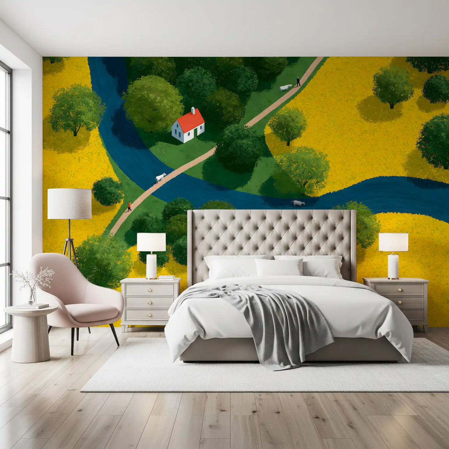 Fresque murale représentant une prairie champêtre en vue isométrique