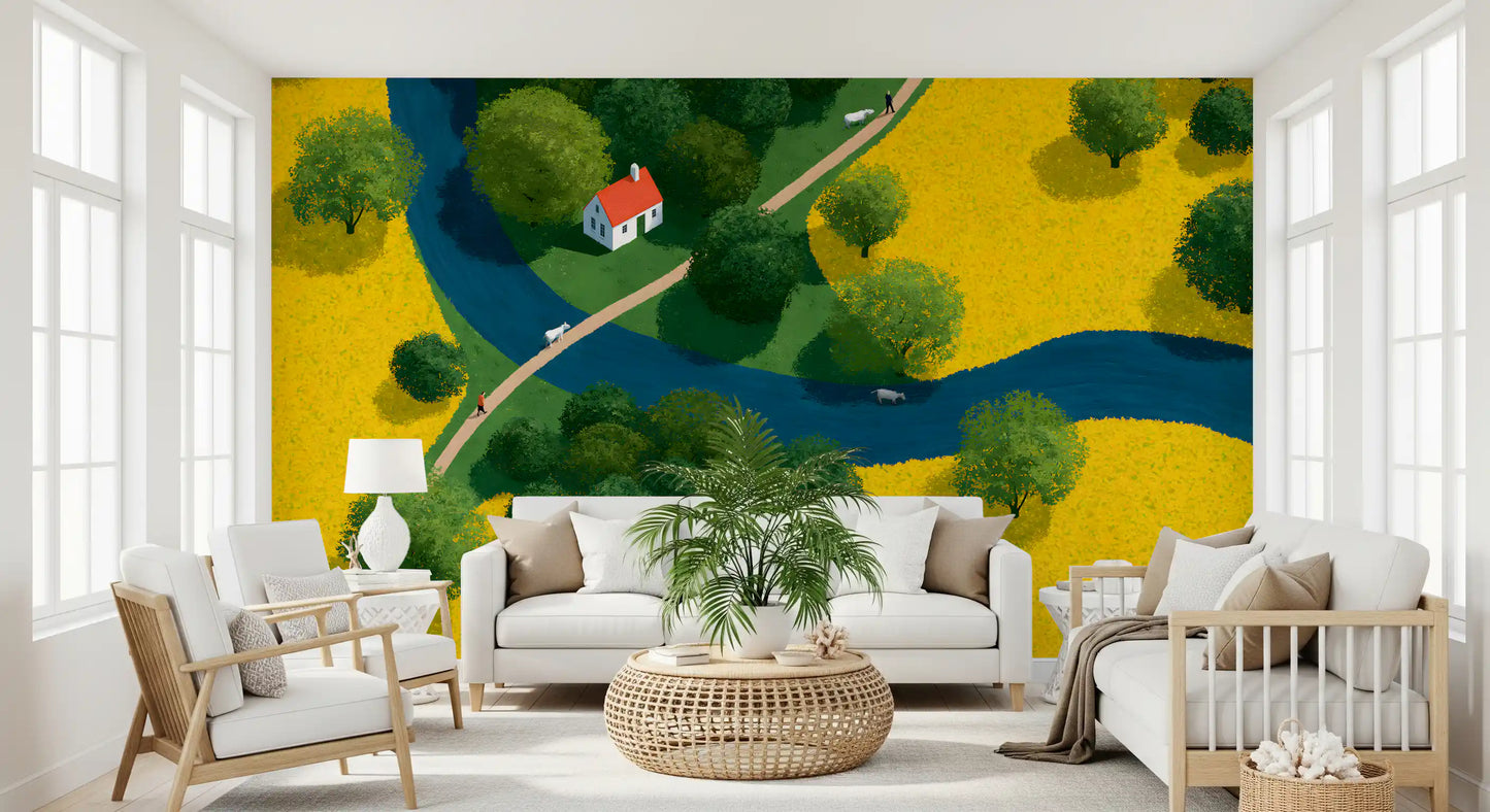 Fresque murale représentant une prairie champêtre en vue isométrique