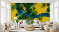 Fresque murale représentant une prairie champêtre en vue isométrique
