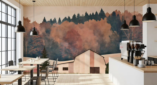 Rustic barn countryside wall mural in a cafe nook with black pendant lights GD12965