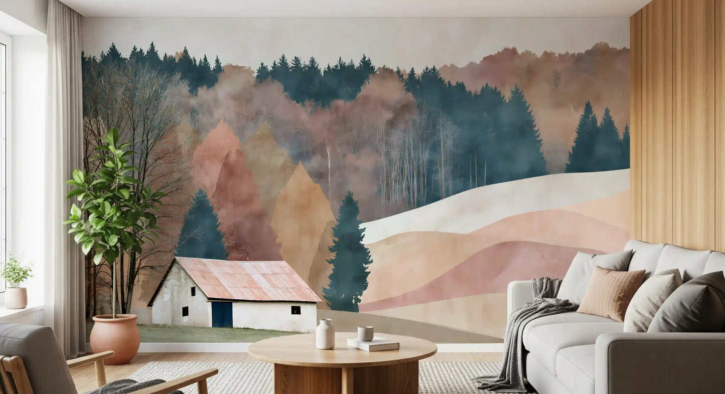 Rustikales Herbsttal mit Hütte – Wandbild
