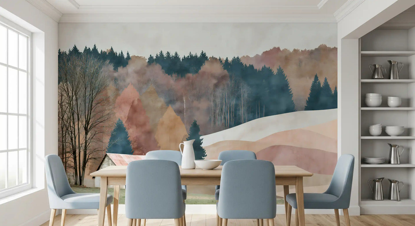 Rustikales Herbsttal mit Hütte – Wandbild