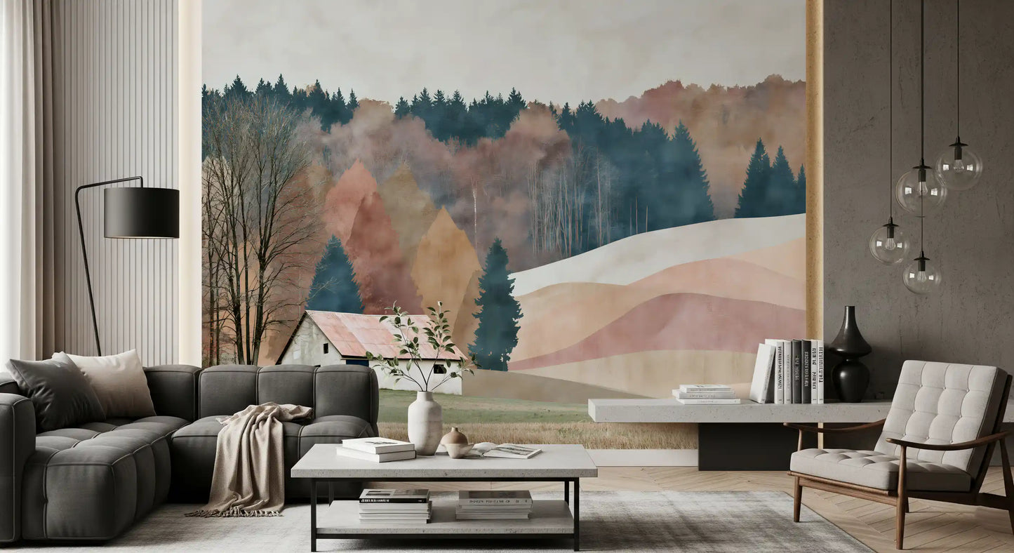 Rustikales Herbsttal mit Hütte – Wandbild