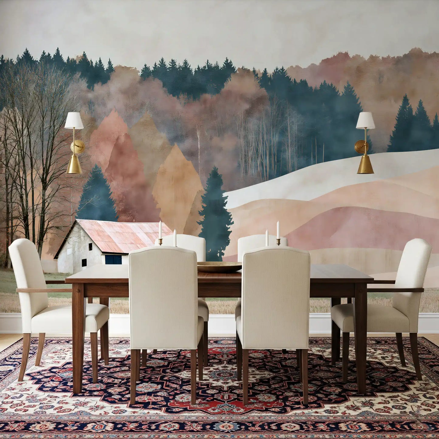 Rustikales Herbsttal mit Hütte – Wandbild
