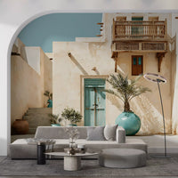 Fresque murale représentant une oasis dans une cour du Moyen-Orient