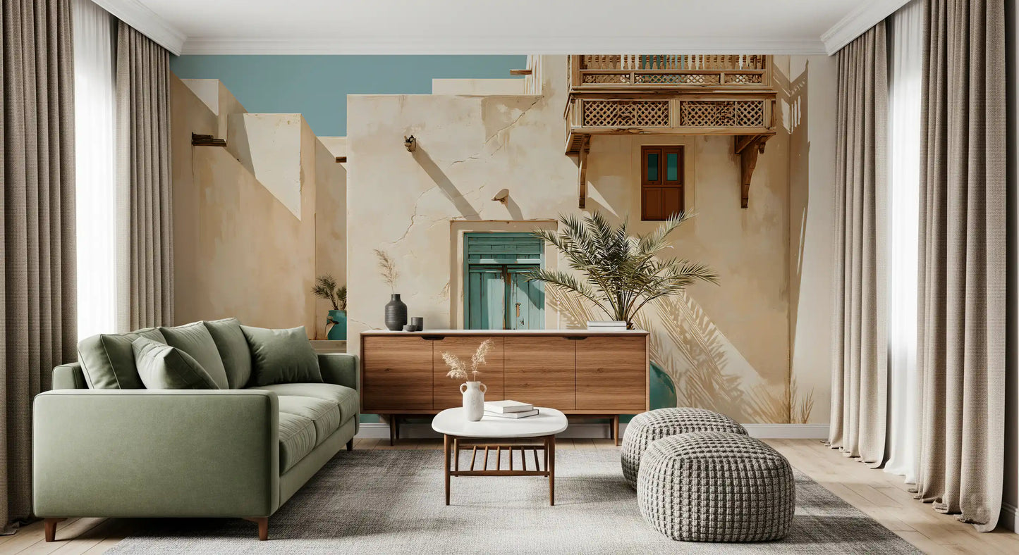 Fresque murale représentant une oasis dans une cour du Moyen-Orient