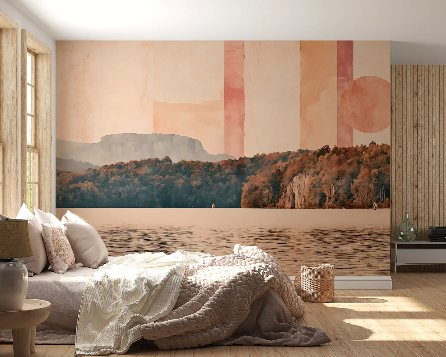 Murale da parete con paesaggio astratto di lago e orizzonte