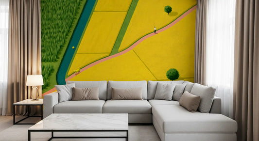 Golden Fields and Winding Stream Landscape Wall Mural