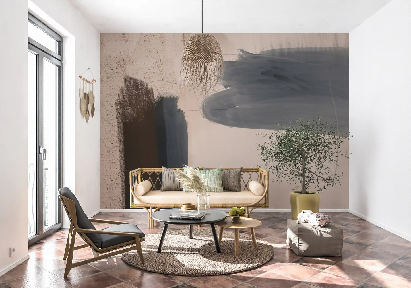Murale da parete astratto blu-grigio “Brushed Silence”