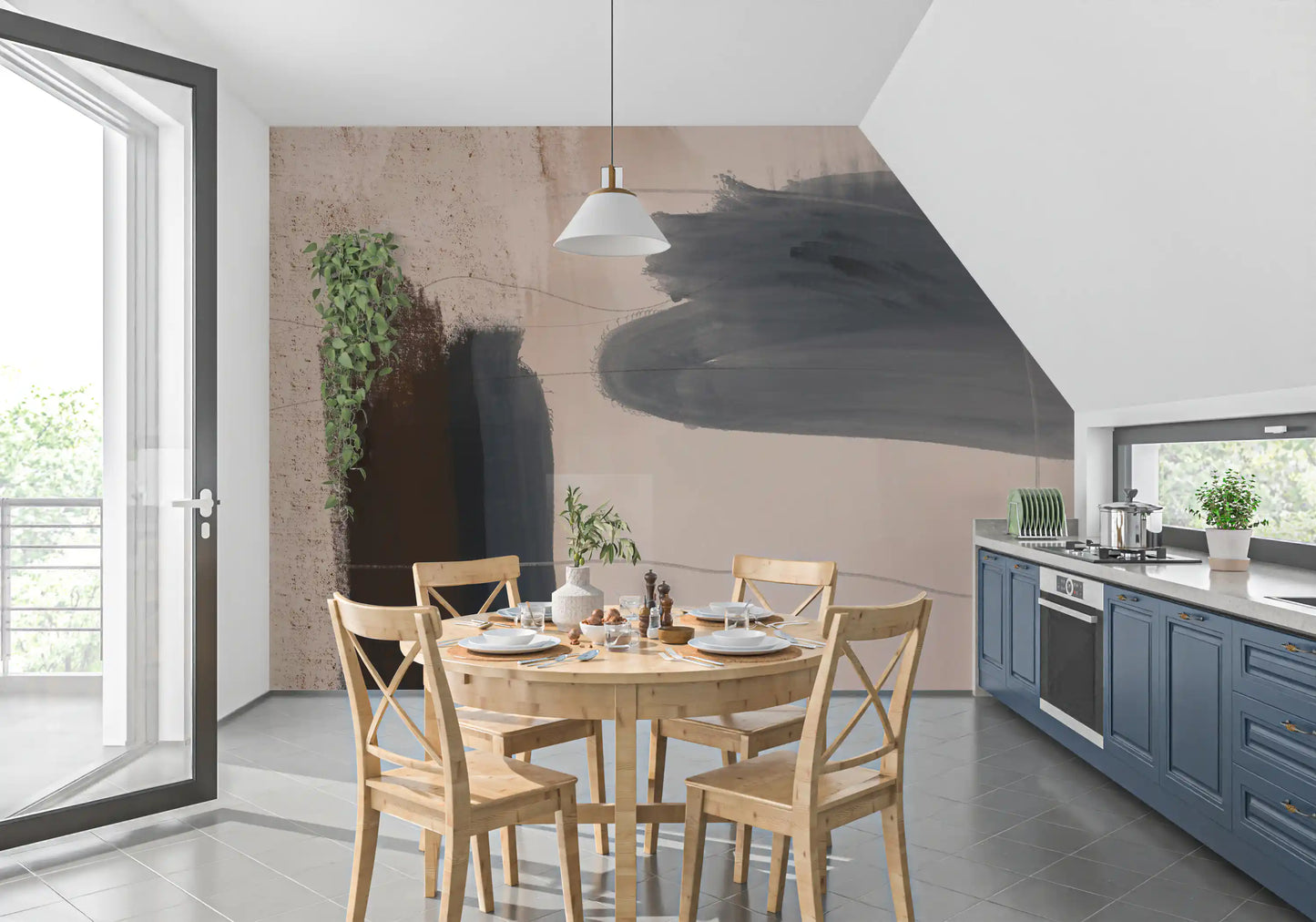 Murale da parete astratto blu-grigio “Brushed Silence”
