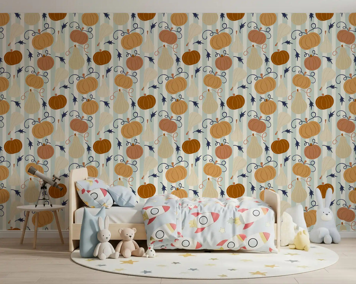 Autumn harvest pumpkin wallpaper behind a toddler bed with a star rug and teddies GD12978