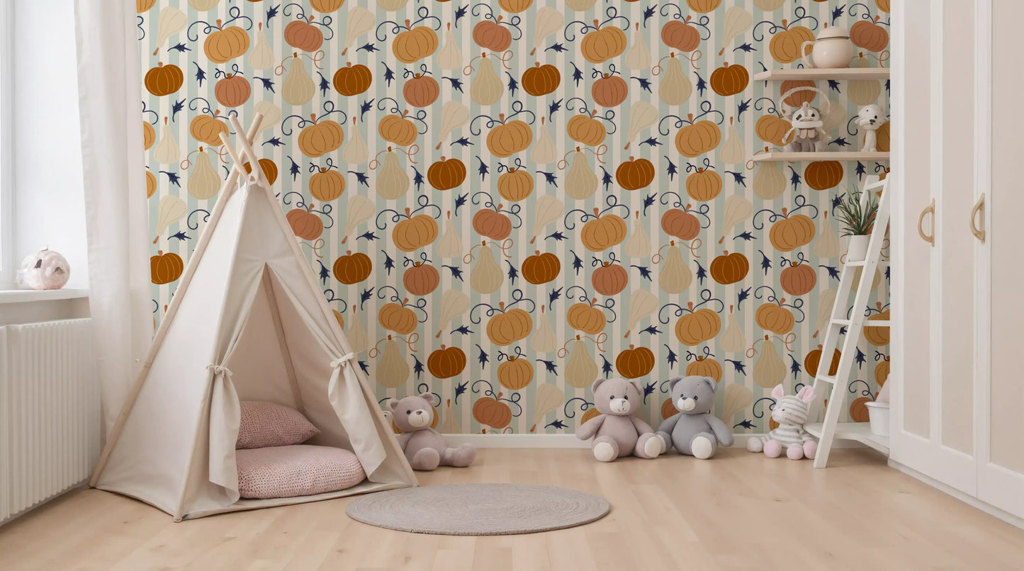 Autumn Harvest Striped Pumpkin Motif Wallpaper⁠
