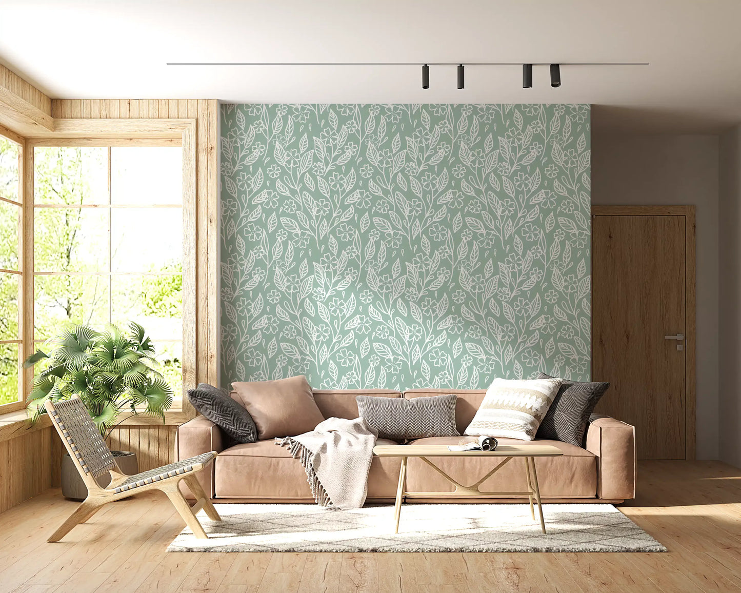 Salbeigrüne Tapete mit handgezeichnetem Blumen-Linienmotiv