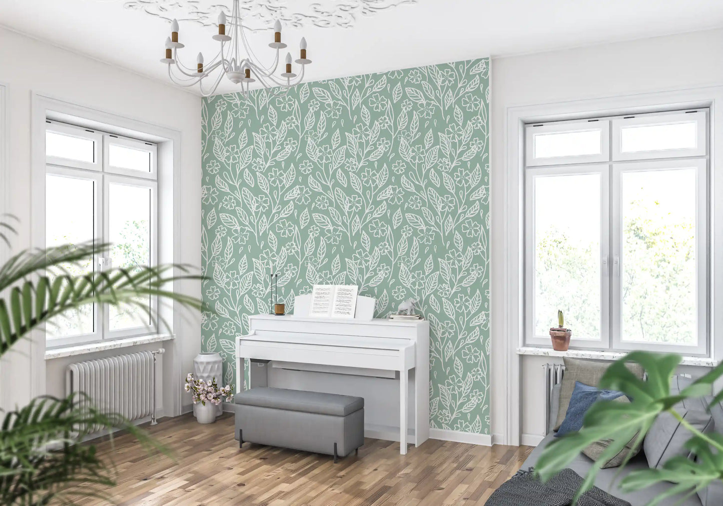 Salbeigrüne Tapete mit handgezeichnetem Blumen-Linienmotiv