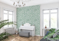 Salbeigrüne Tapete mit handgezeichnetem Blumen-Linienmotiv