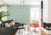 Salbeigrüne Tapete mit handgezeichnetem Blumen-Linienmotiv
