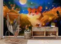 Papier peint panoramique représentant une scène de récolte de hamsters au clair de lune