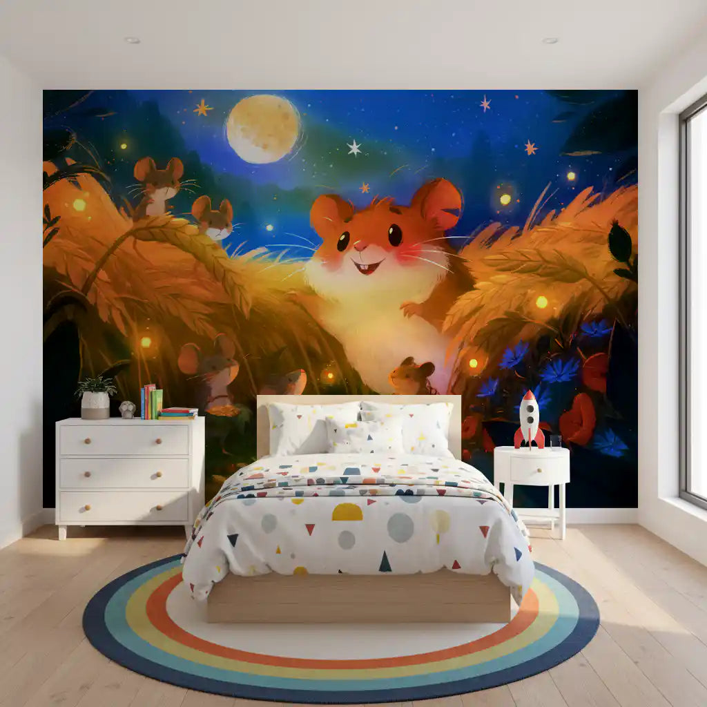 Papier peint panoramique représentant une scène de récolte de hamsters au clair de lune