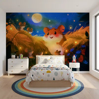 Papier peint panoramique représentant une scène de récolte de hamsters au clair de lune