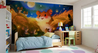 Papier peint panoramique représentant une scène de récolte de hamsters au clair de lune