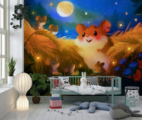 Papier peint panoramique représentant une scène de récolte de hamsters au clair de lune