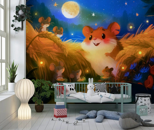 Papier peint panoramique représentant une scène de récolte de hamsters au clair de lune