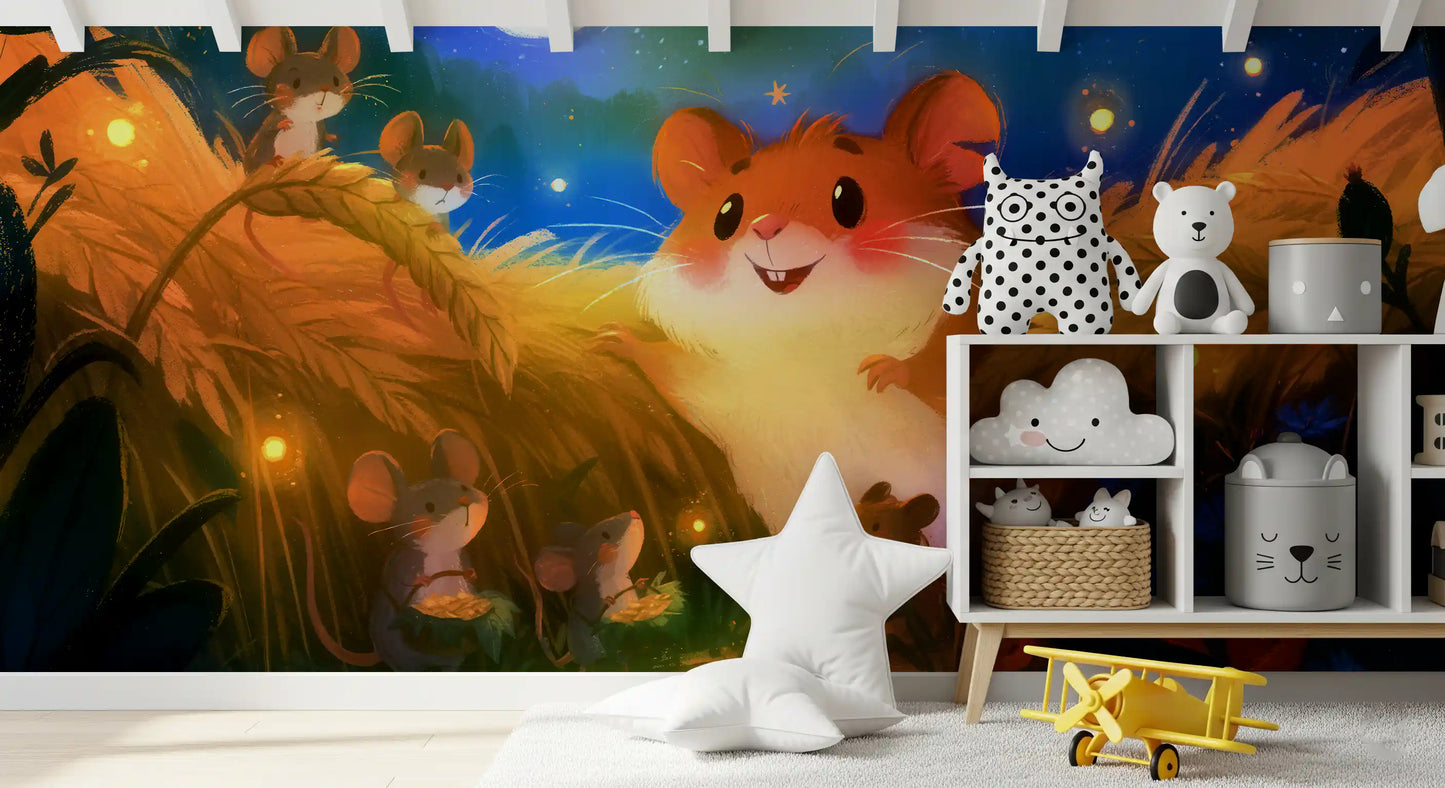 Papier peint panoramique représentant une scène de récolte de hamsters au clair de lune