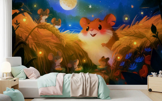 Papier peint panoramique représentant une scène de récolte de hamsters au clair de lune