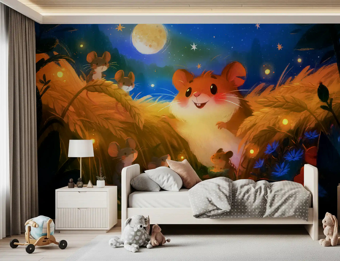 Papier peint panoramique représentant une scène de récolte de hamsters au clair de lune