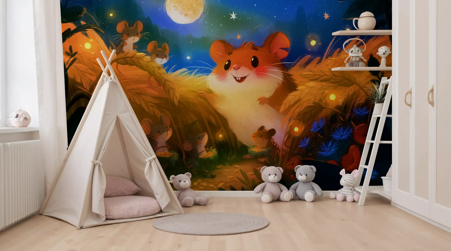 Papier peint panoramique représentant une scène de récolte de hamsters au clair de lune