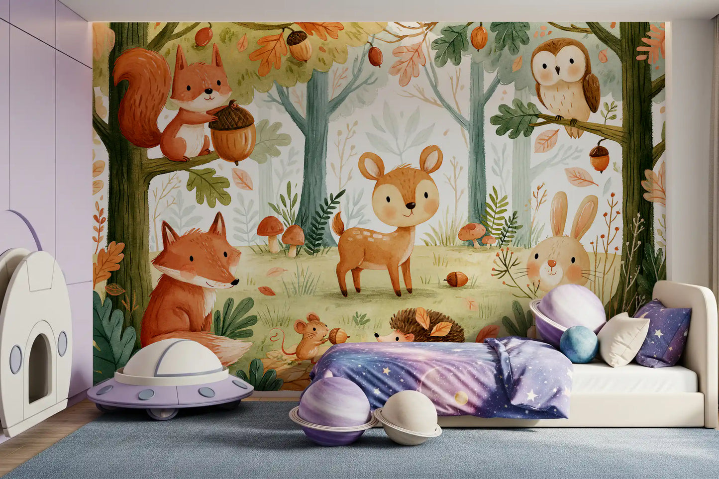 Fresque murale « Amis de la forêt et feuillage automnal »