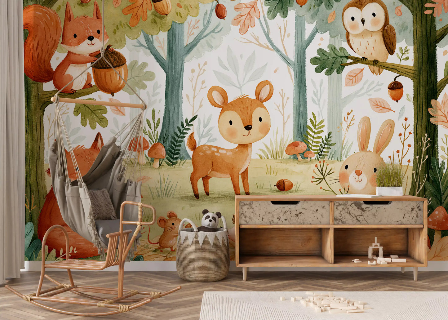 Fresque murale « Amis de la forêt et feuillage automnal »