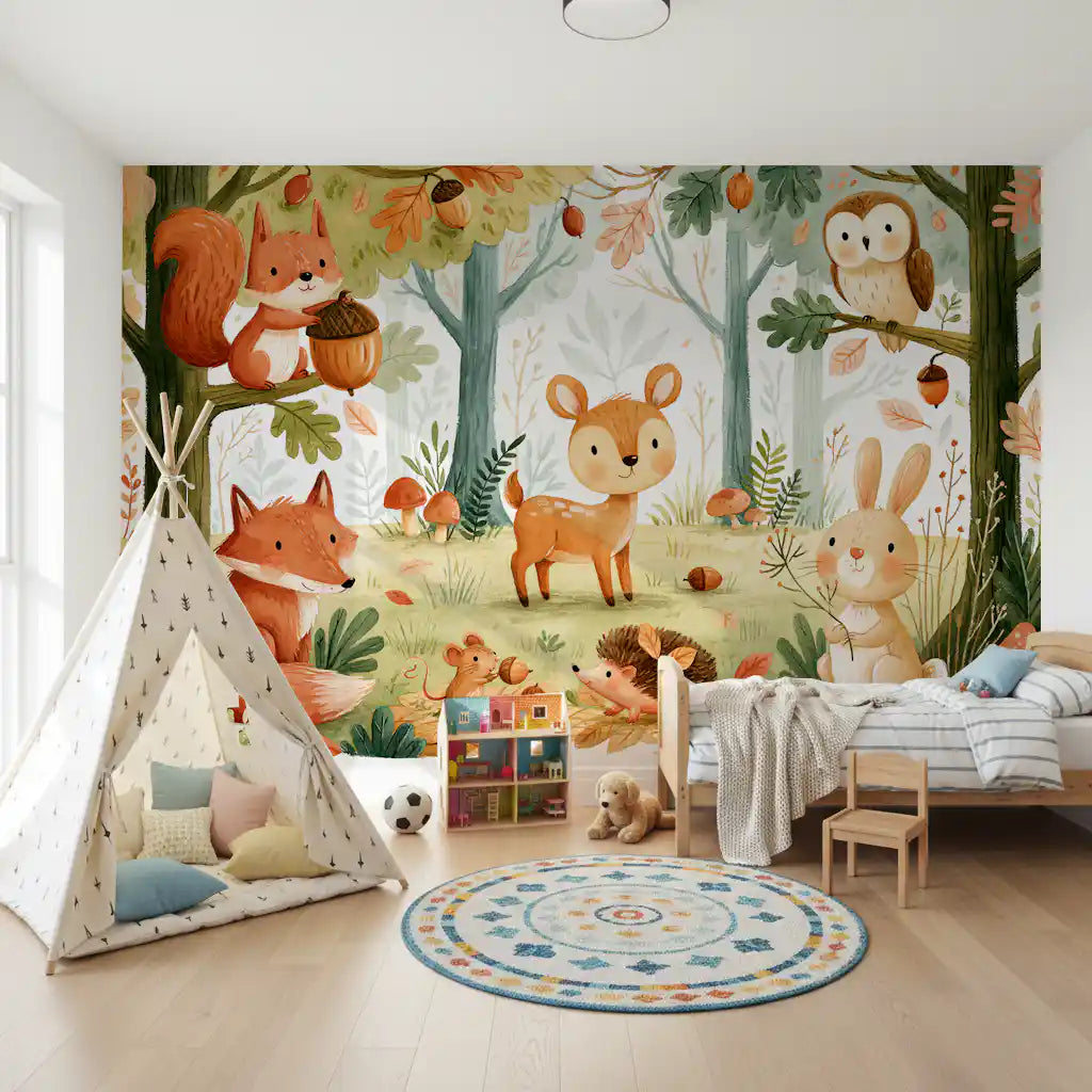 Fresque murale « Amis de la forêt et feuillage automnal »