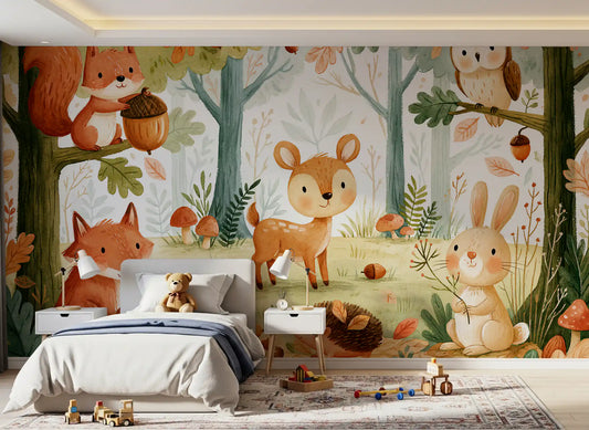 Fresque murale « Amis de la forêt et feuillage automnal »