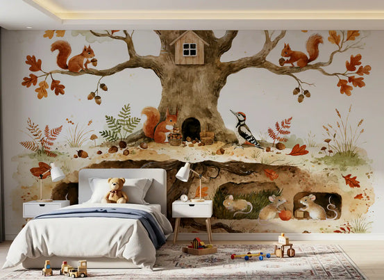 Waldtiere: Versteck im Baumhaus als Wandbild