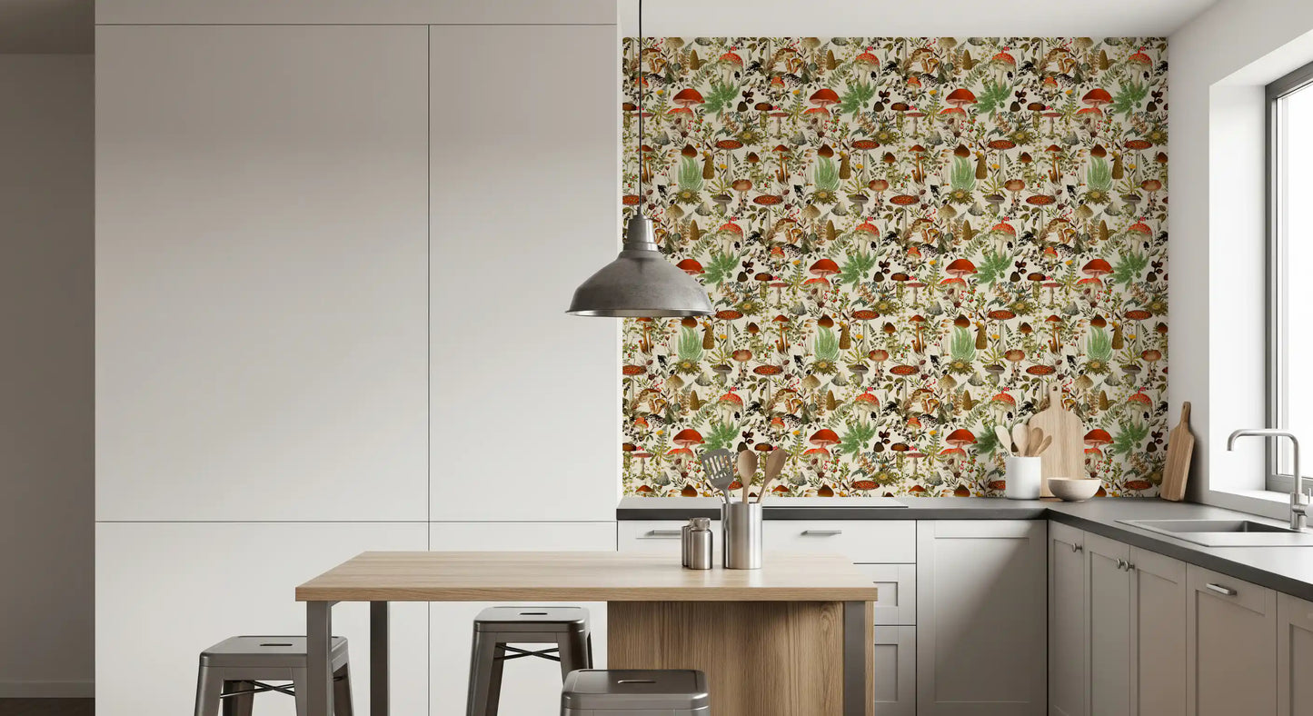 Papier peint rustique de bolets et de fleurs des sous-bois