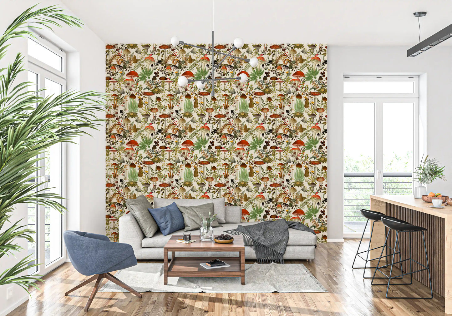 Papier peint rustique de bolets et de fleurs des sous-bois