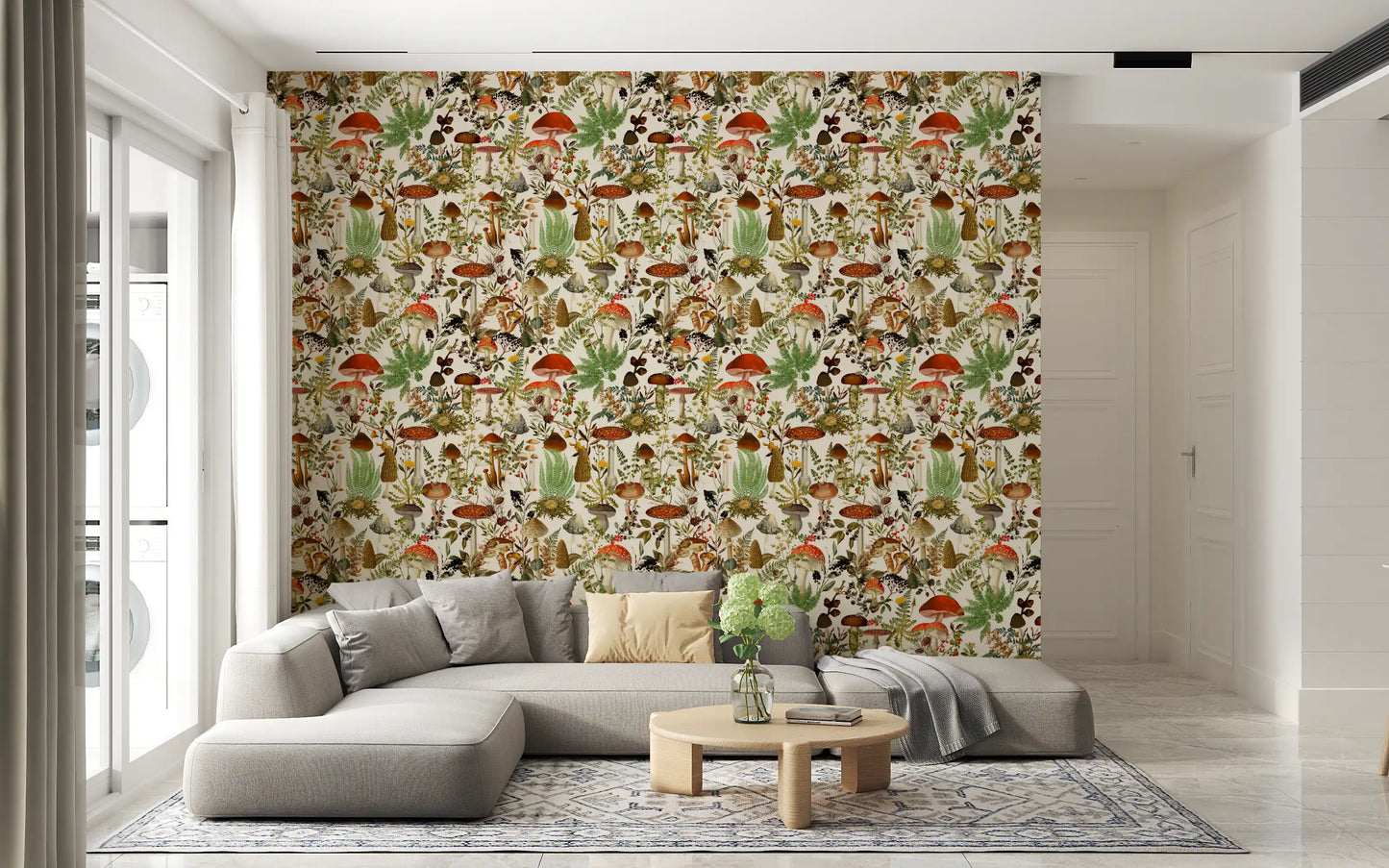 Papier peint rustique de bolets et de fleurs des sous-bois