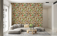Papier peint rustique de bolets et de fleurs des sous-bois