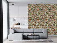 Papier peint rustique de bolets et de fleurs des sous-bois