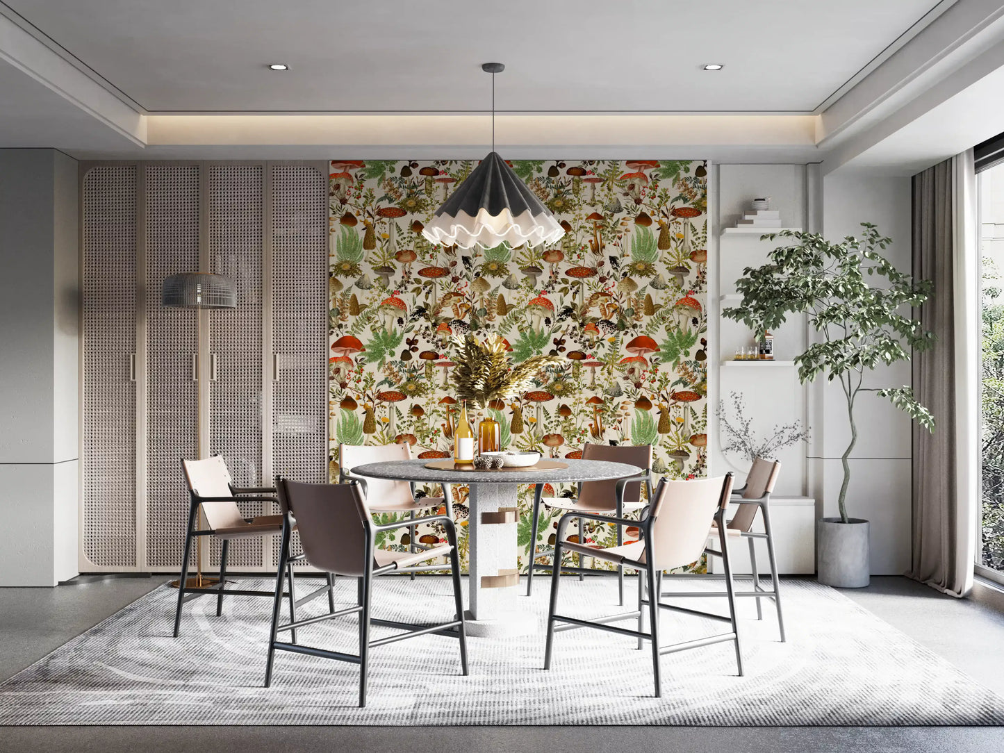 Papier peint rustique de bolets et de fleurs des sous-bois